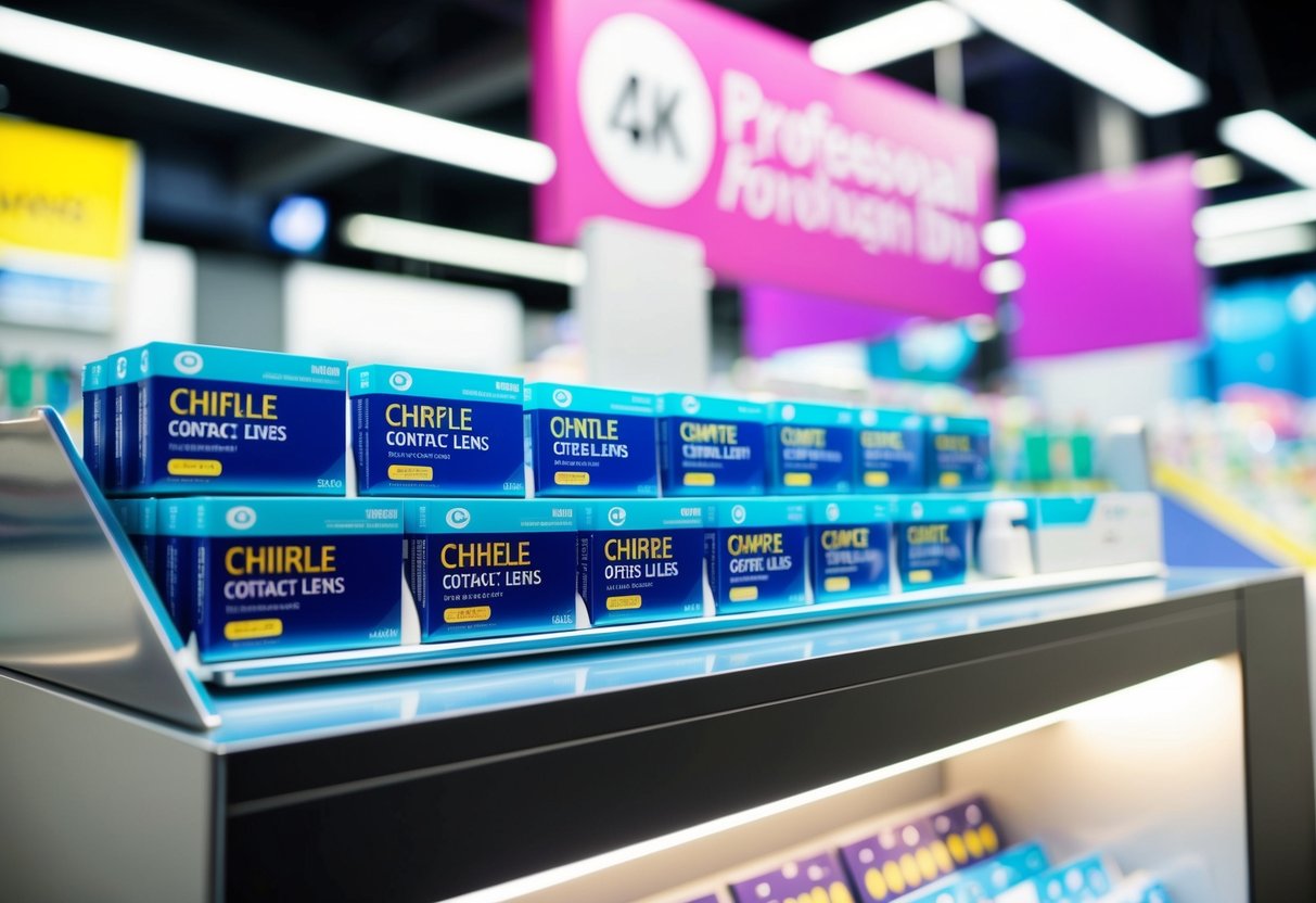A vibrant display of contact lens boxes arranged on a sleek, modern shelf with bright promotional signage above