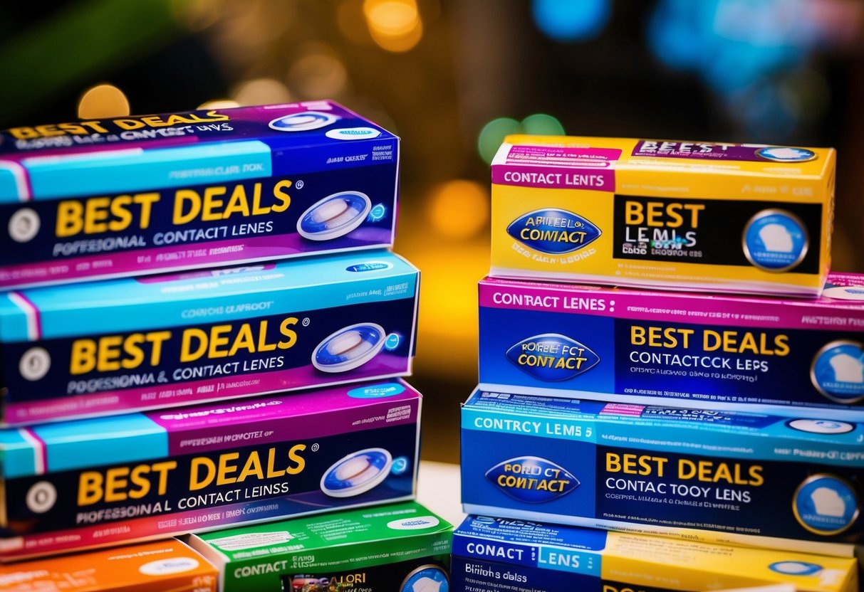 A colorful display of contact lens boxes with "Best Deals" signs