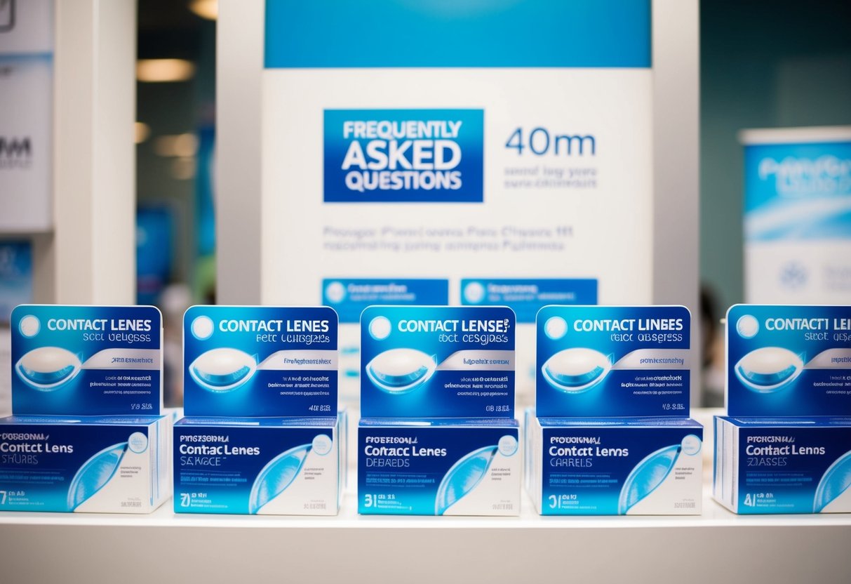 A display of contact lens packages with a "Frequently Asked Questions" section and promotional signage