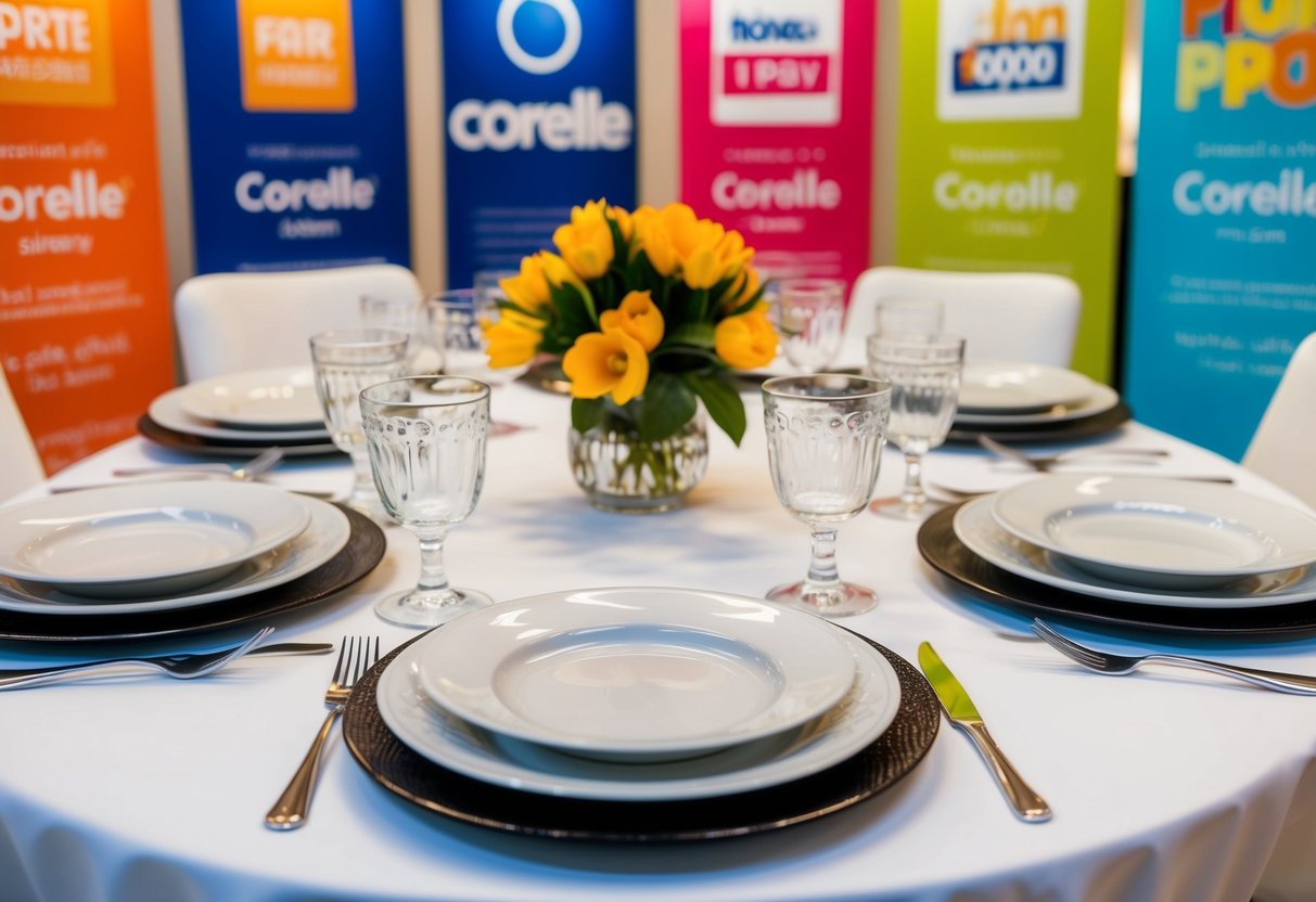 A table set with Corelle dishes, surrounded by colorful promotional banners and signs