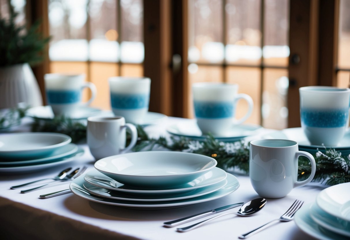 A table set with Corelle Winter Frost White Dinnerware, featuring plates, bowls, and mugs arranged neatly for a promotional display