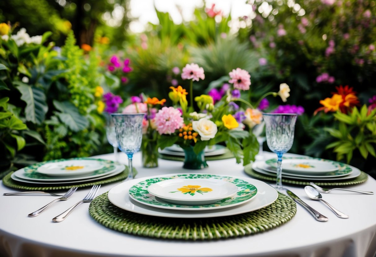 A table set with Corelle Secret Garden dinnerware, surrounded by lush greenery and colorful flowers
