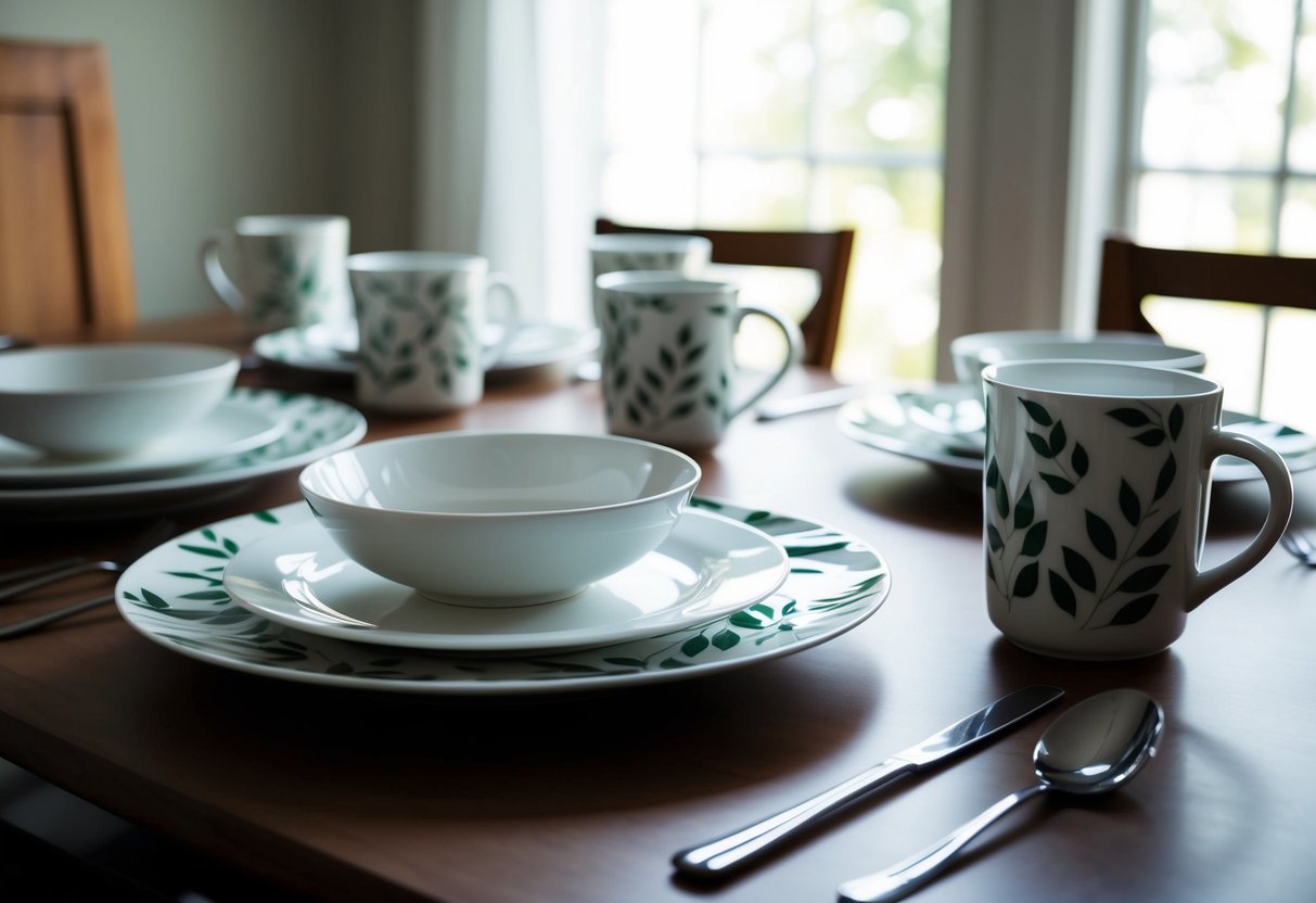 A dinner table set with Corelle Kyoto Leaves dinnerware, featuring elegant leaf patterns on white plates, bowls, and mugs