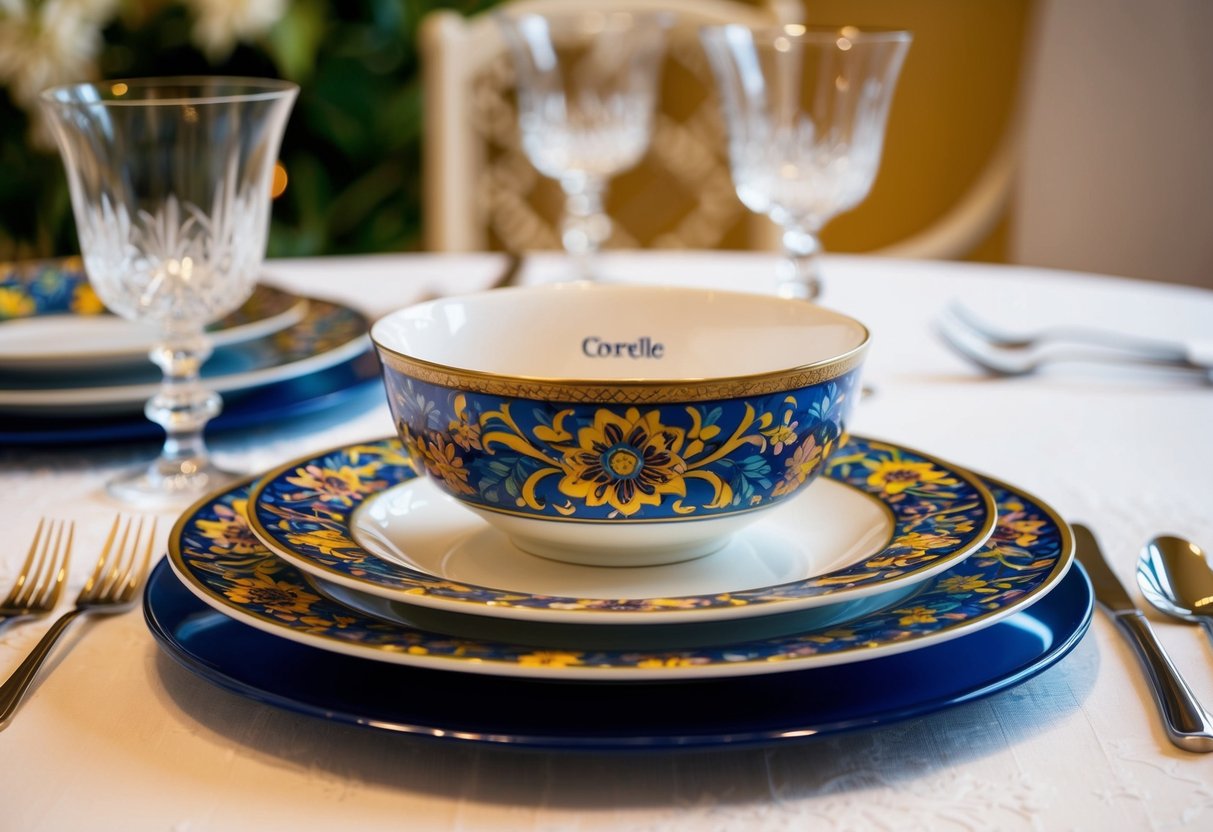 A table set with Corelle Portofino dinnerware, featuring a vibrant and intricate floral pattern