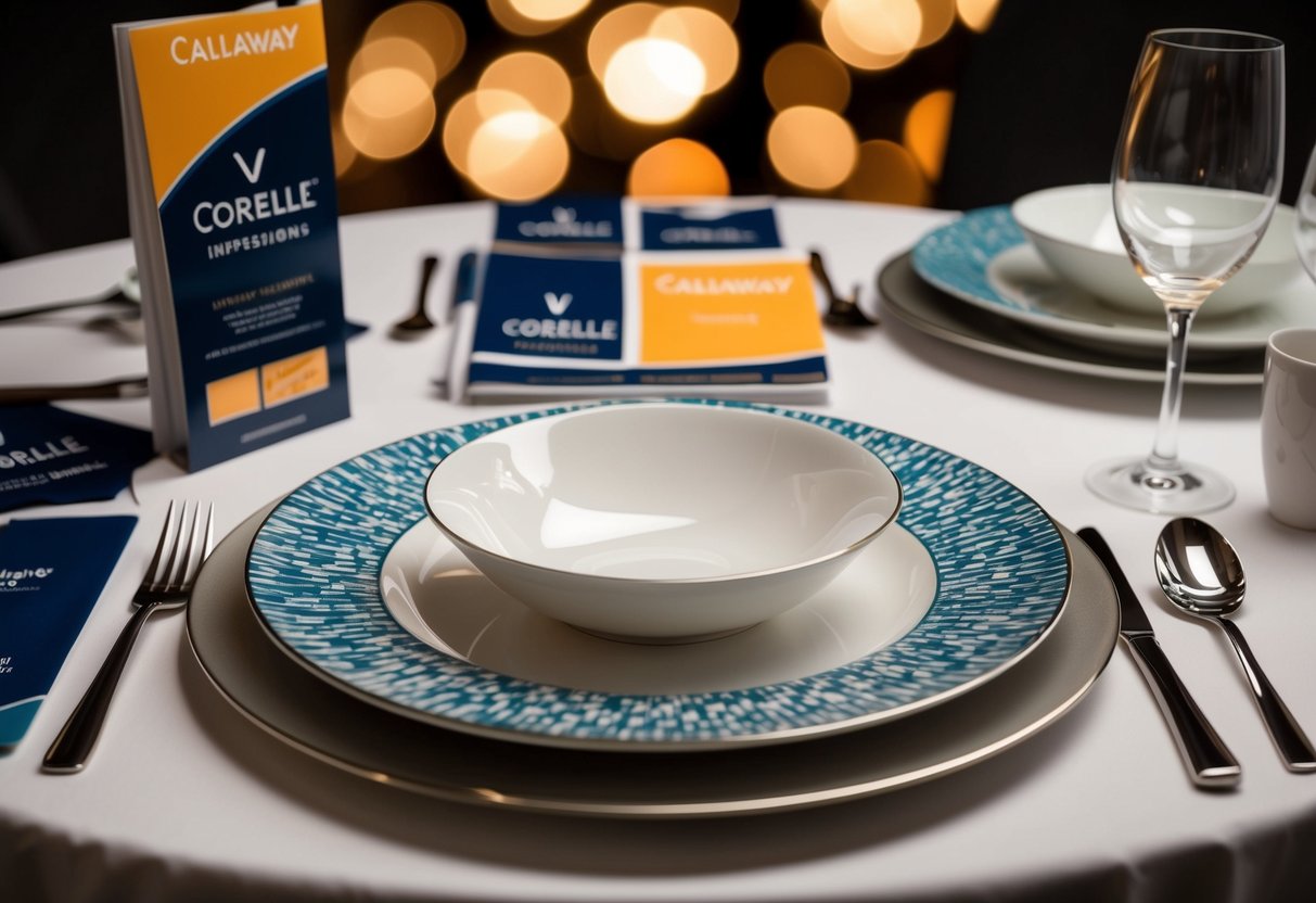 A table set with Corelle Impressions Callaway dinnerware surrounded by promotional materials