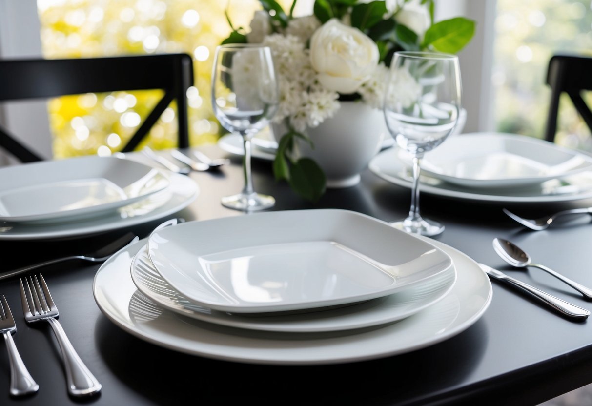 A beautifully set dining table with Corelle Square Pure White Dinnerware, showcasing the elegant and timeless design