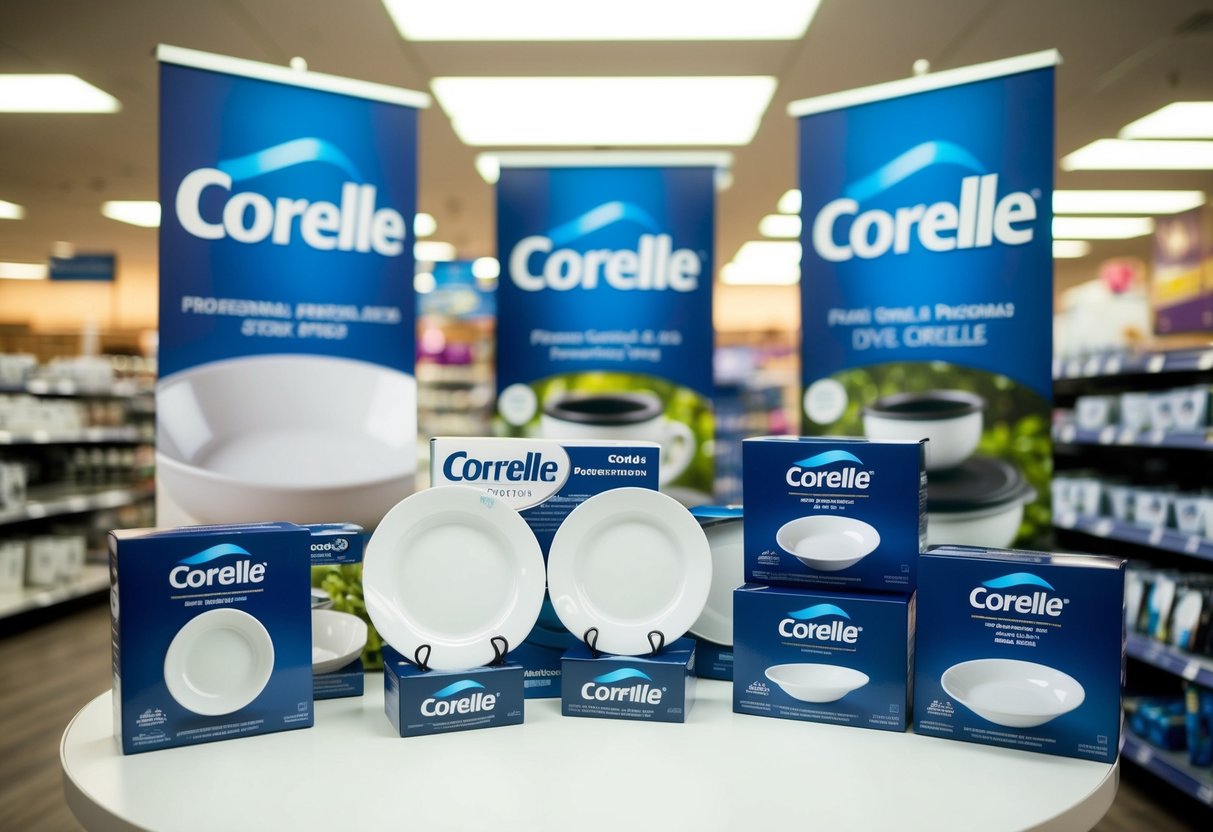 Corelle products displayed on a table with promotional banners and posters in a well-lit store setting