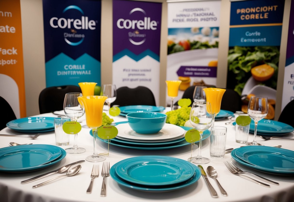 A table set with Corelle dinnerware, surrounded by promotional banners and signs