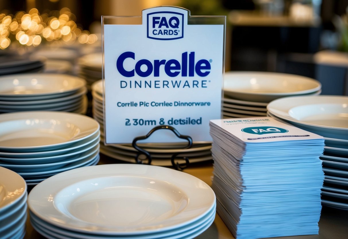A display of Corelle dinnerware with promotional signage and a stack of FAQ cards