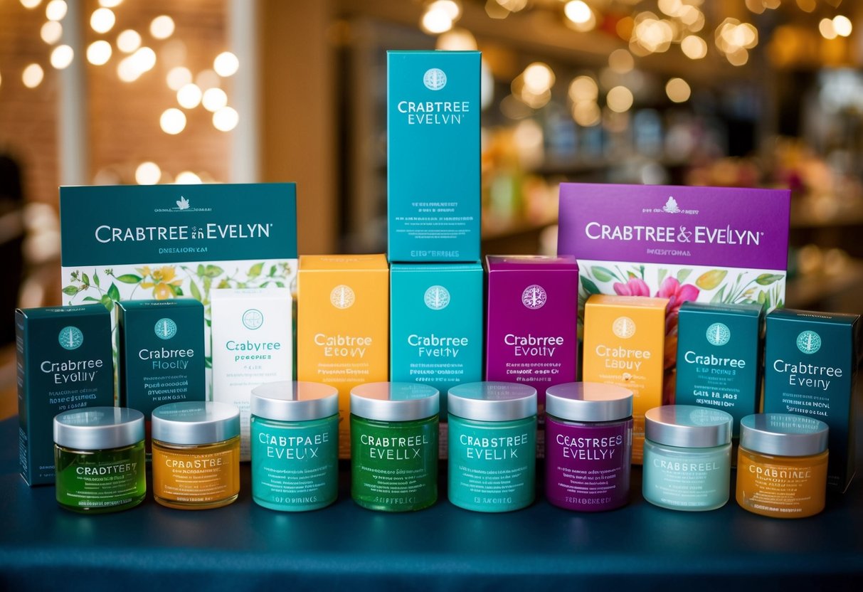 A display of Crabtree and Evelyn products arranged on a table with promotional signage and colorful packaging
