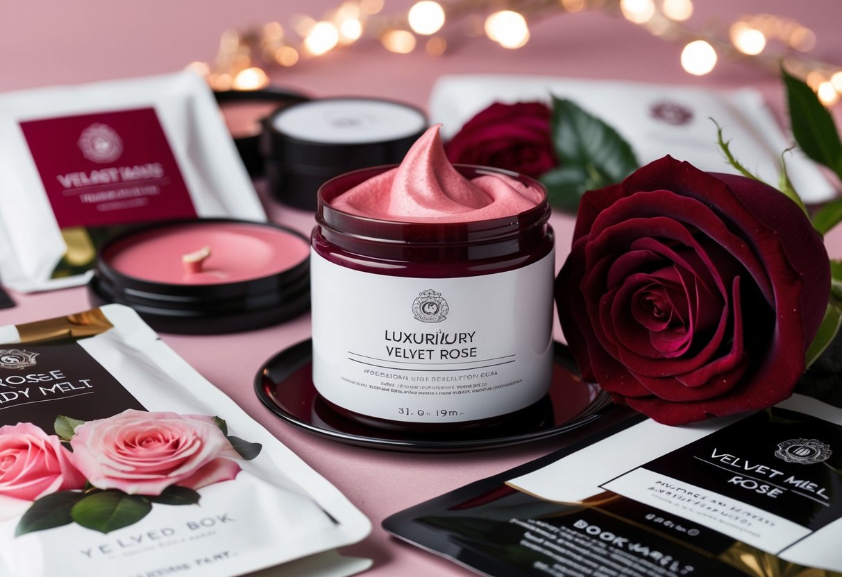 A luxurious velvet rose body melt surrounded by promotional materials