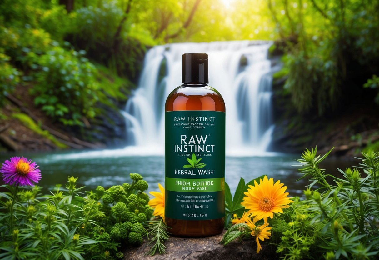 A lush green forest with a cascading waterfall, surrounded by vibrant wildflowers and exotic herbs. A bottle of Raw Instinct Herbal Body Wash is prominently displayed amidst the natural beauty