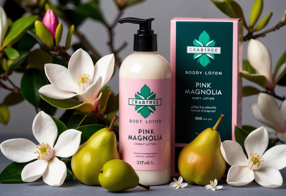 A pear and pink magnolia body lotion bottle surrounded by blooming magnolia flowers and pear fruits, with Crabtree and Evelyn promotional signage