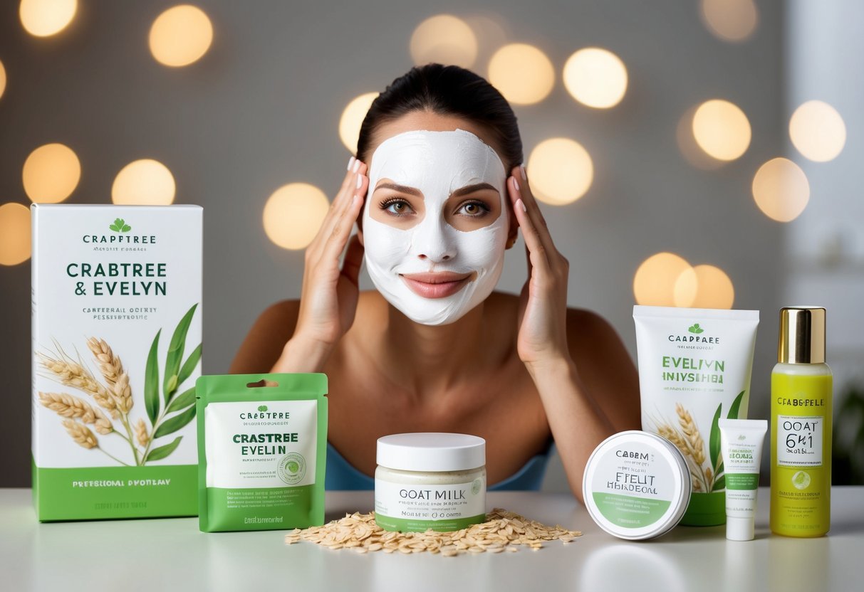 A woman applies a goat milk and oat face mask, surrounded by Crabtree and Evelyn promotional products