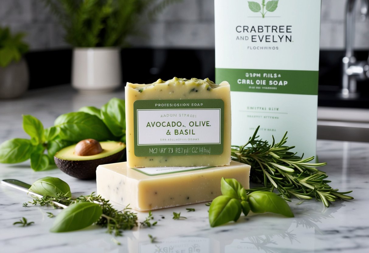 A bar of Avocado, Olive, and Basil soap sits on a marble countertop, surrounded by fresh herbs and a promotional banner for Crabtree and Evelyn
