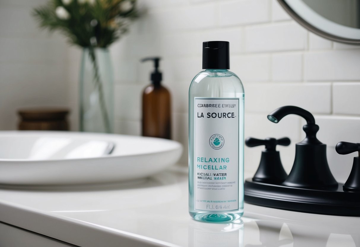 A serene bathroom scene with a bottle of La Source Relaxing Micellar Water by Crabtree and Evelyn displayed prominently on a clean, white countertop