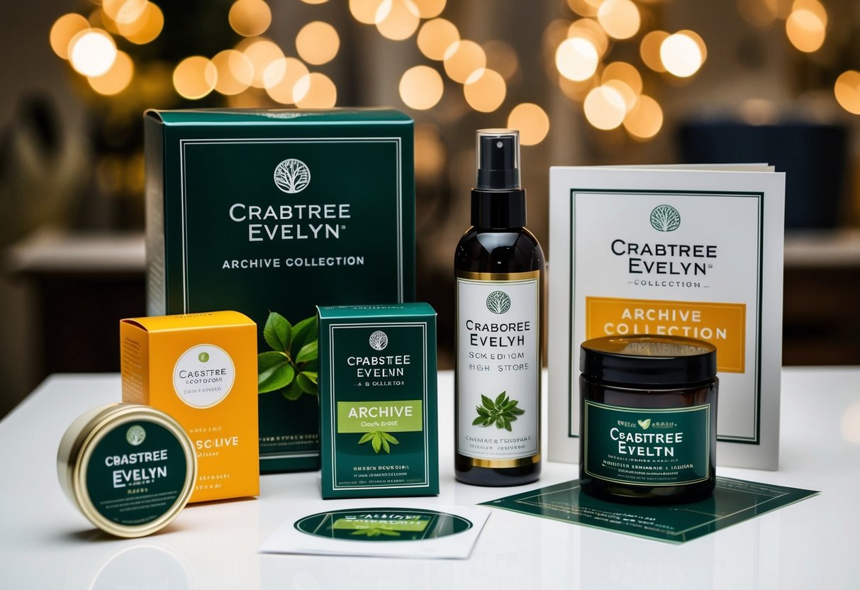 A display of Crabtree and Evelyn Archive Collection products with promotional materials