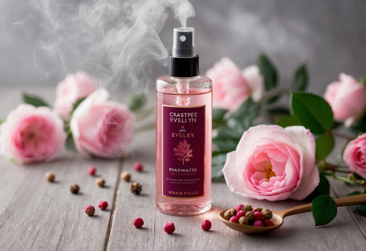 A delicate mist of rosewater and pink peppercorn fills the air, surrounded by elegant Crabtree and Evelyn promotions