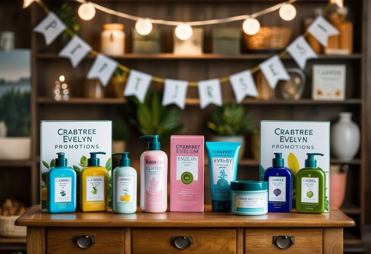 A display of Crabtree and Evelyn products arranged on a wooden table with a banner advertising promotions
