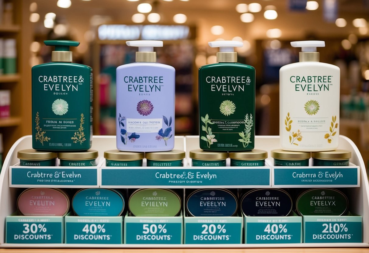 A display of Crabtree and Evelyn products with promotional signage and discounts