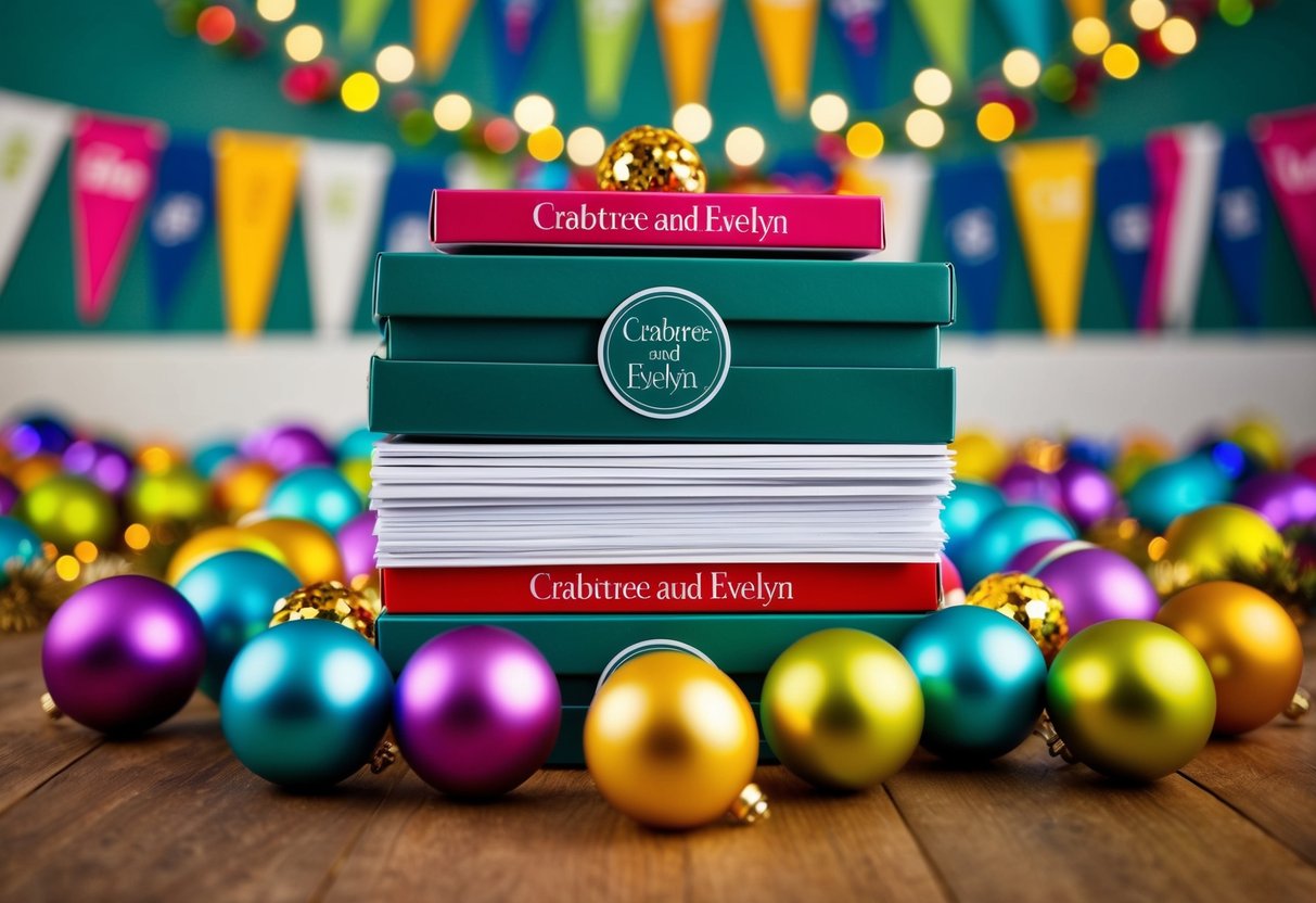 A stack of promotional materials with the Crabtree and Evelyn logo displayed prominently, surrounded by colorful banners and festive decorations