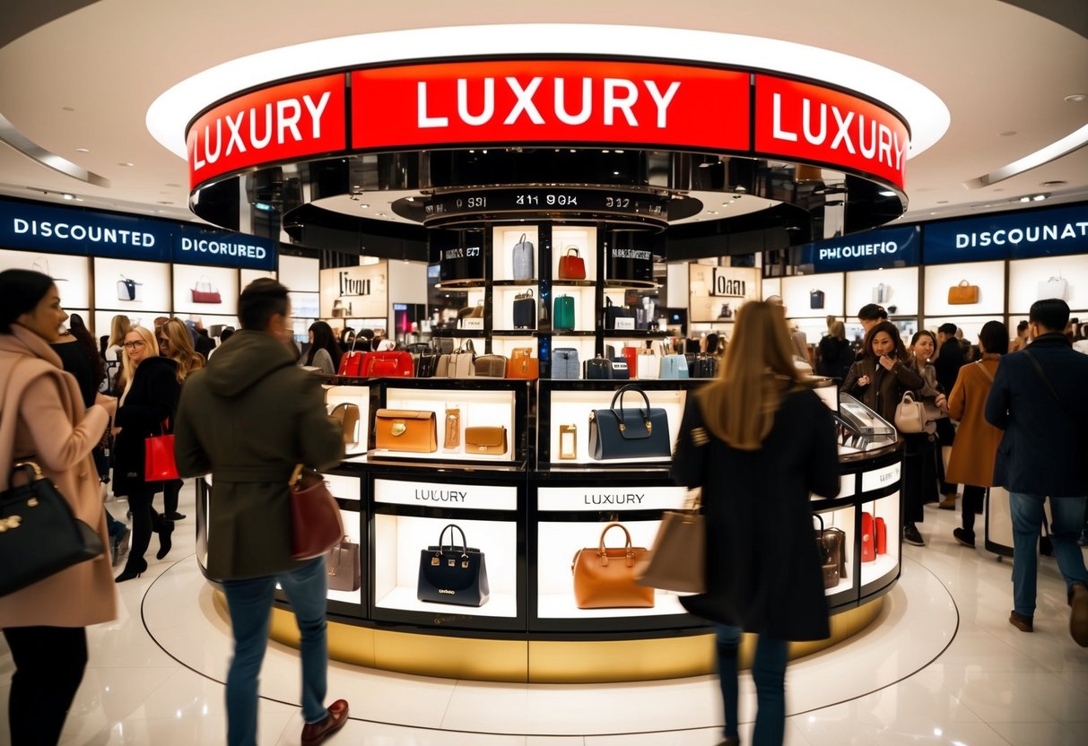 A vibrant display of discounted luxury items, surrounded by bold signage and bustling shoppers