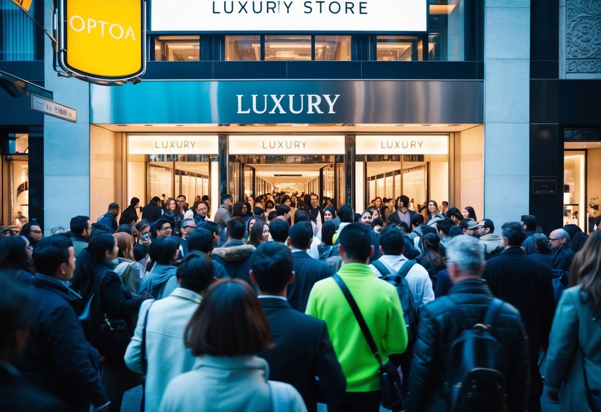 A bustling city street with bright, flashing signs and a crowd of people eagerly entering a luxury store