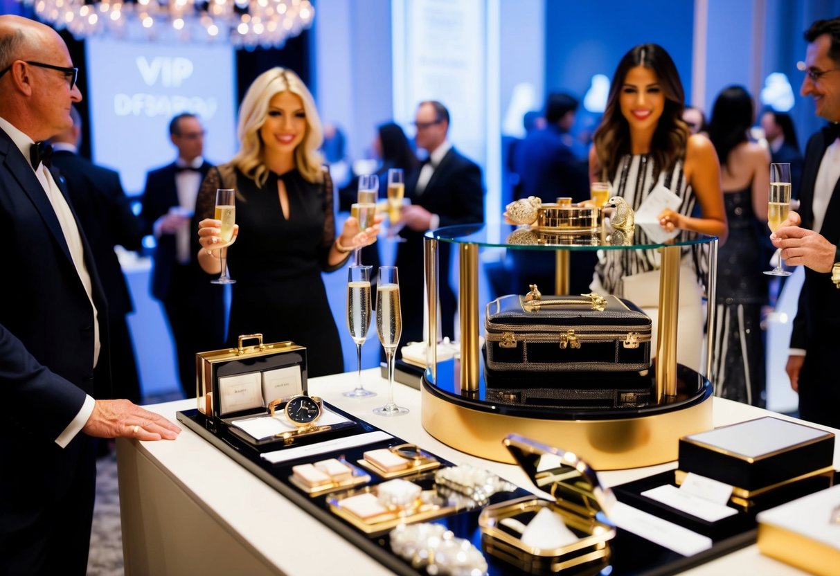 A luxurious event with designer items on display, champagne flowing, and VIP members mingling