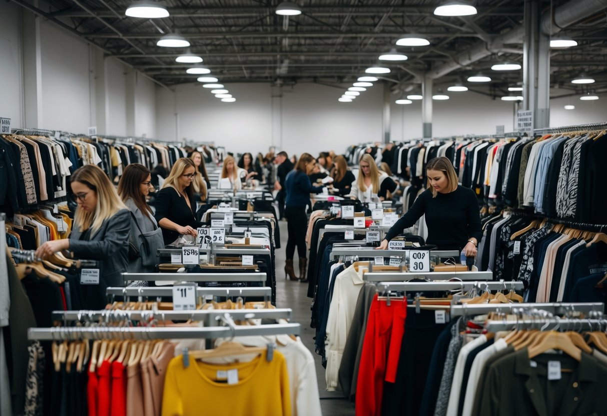 A crowded warehouse with racks of designer clothing marked for clearance. Shoppers sifting through items, while staff restock shelves