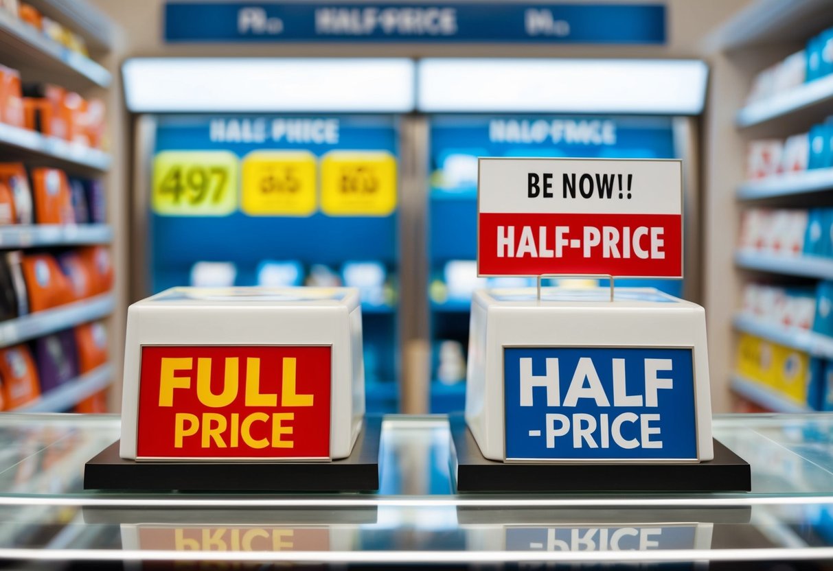A store display with two items, one at full price and the other at half-price, with a promotional sign