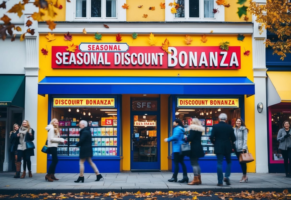 A colorful storefront with "Seasonal Discount Bonanza" signage, surrounded by falling leaves and cheerful shoppers