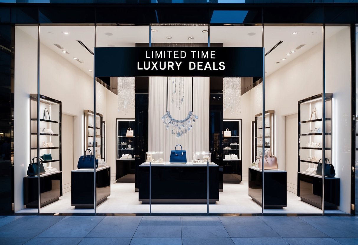 A sleek, modern storefront with a bold "Limited Time Luxury Deals" banner. Sparkling jewelry and designer handbags on display