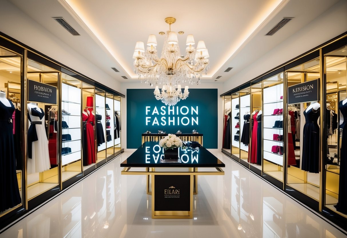 A luxurious fashion showroom with elegant displays and promotional signage