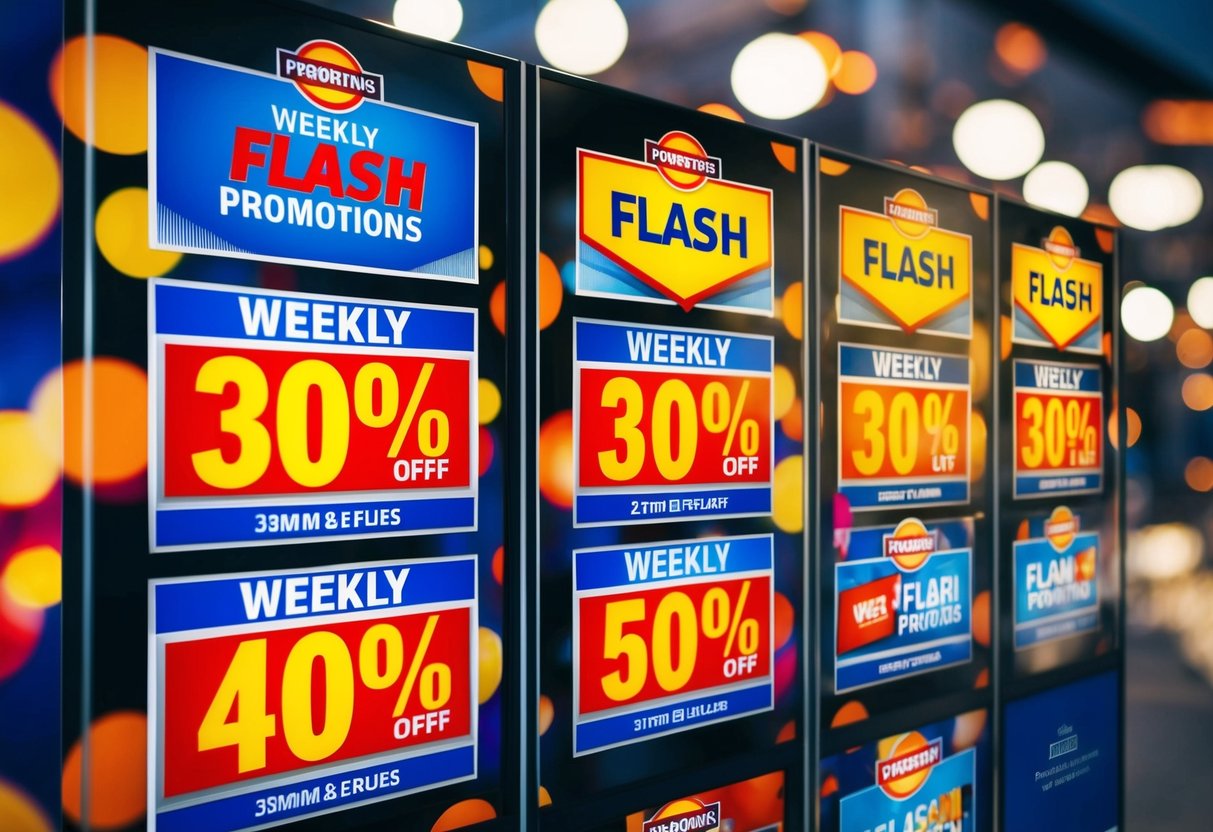 A vibrant display of weekly flash promotions, featuring bold and eye-catching graphics