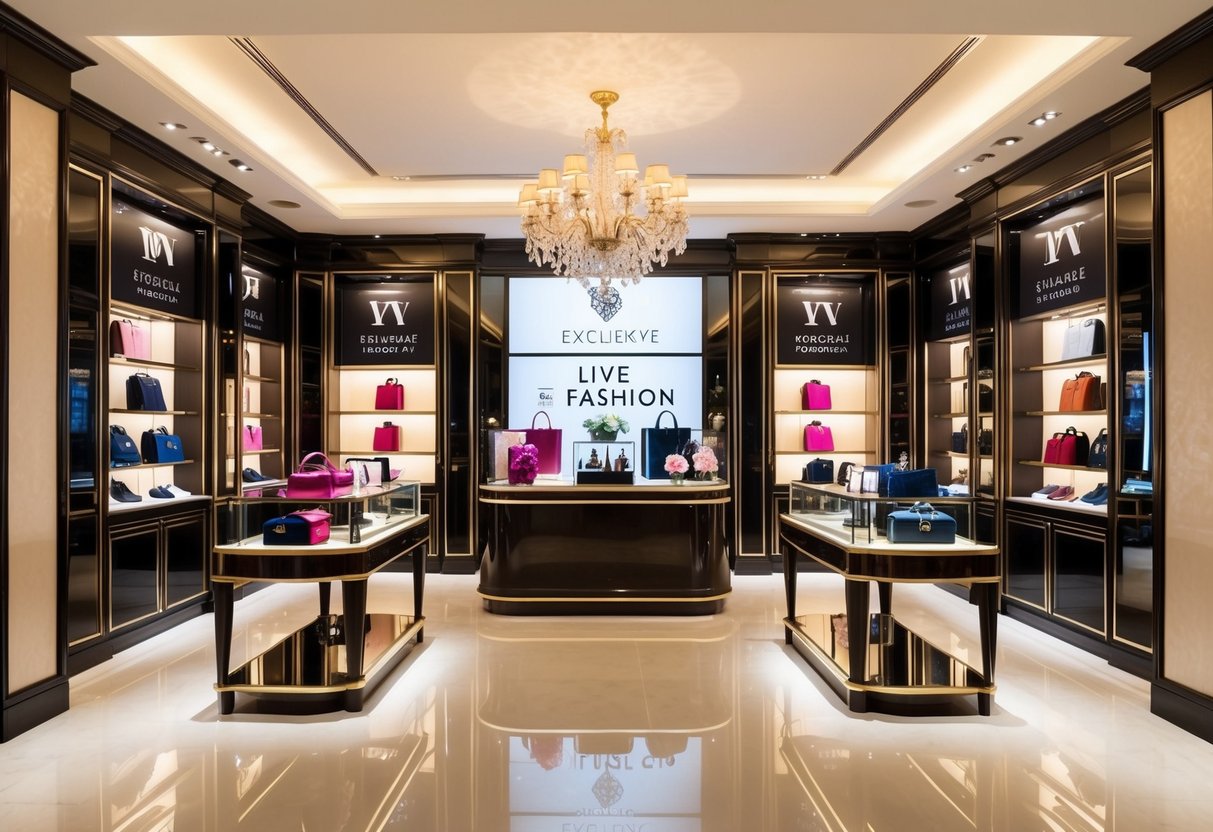 A luxurious boutique setting with elegant displays of high-end fashion items and exclusive promotions. Rich, warm lighting creates a welcoming atmosphere