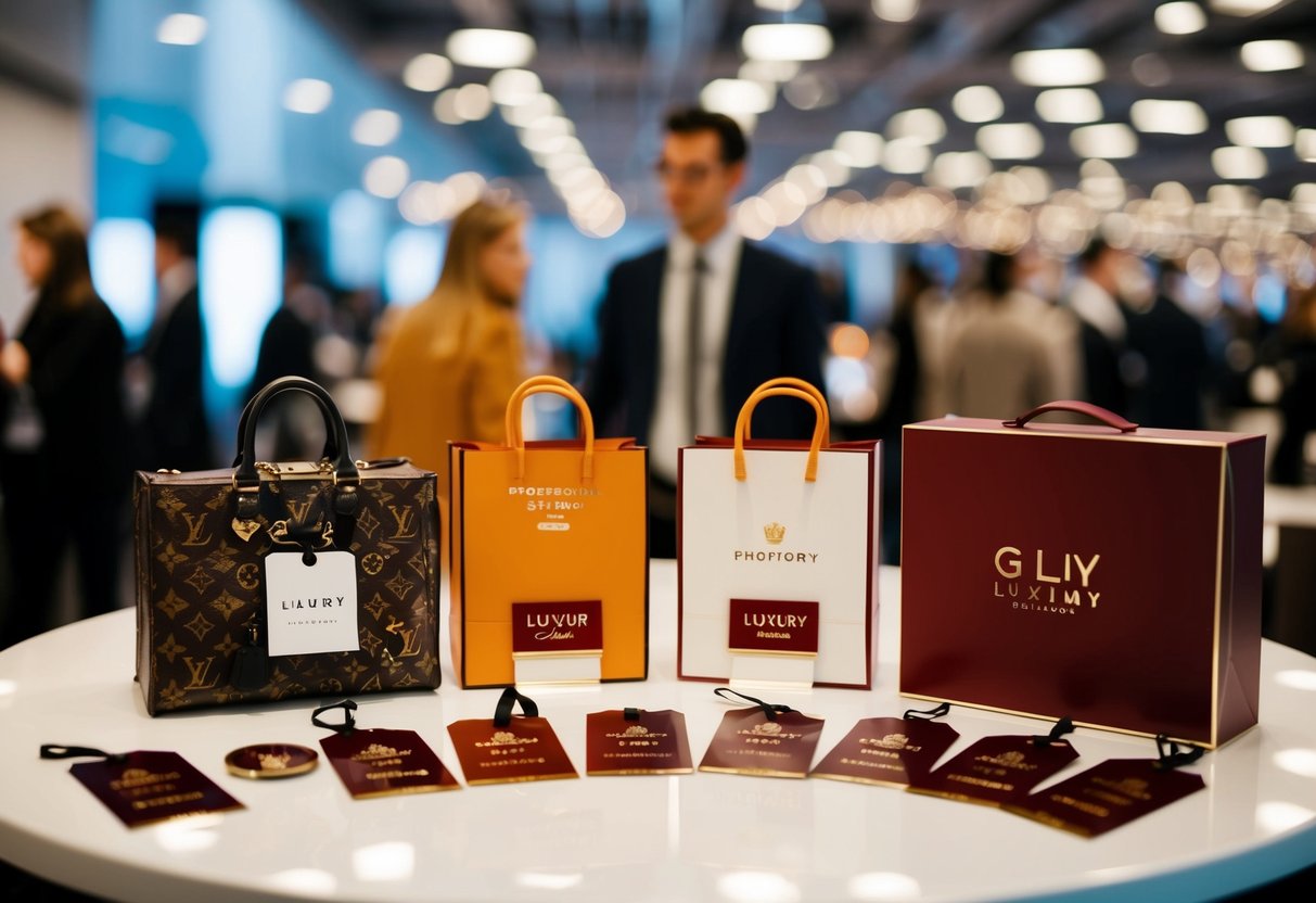 A table displaying various luxury items with promotional tags