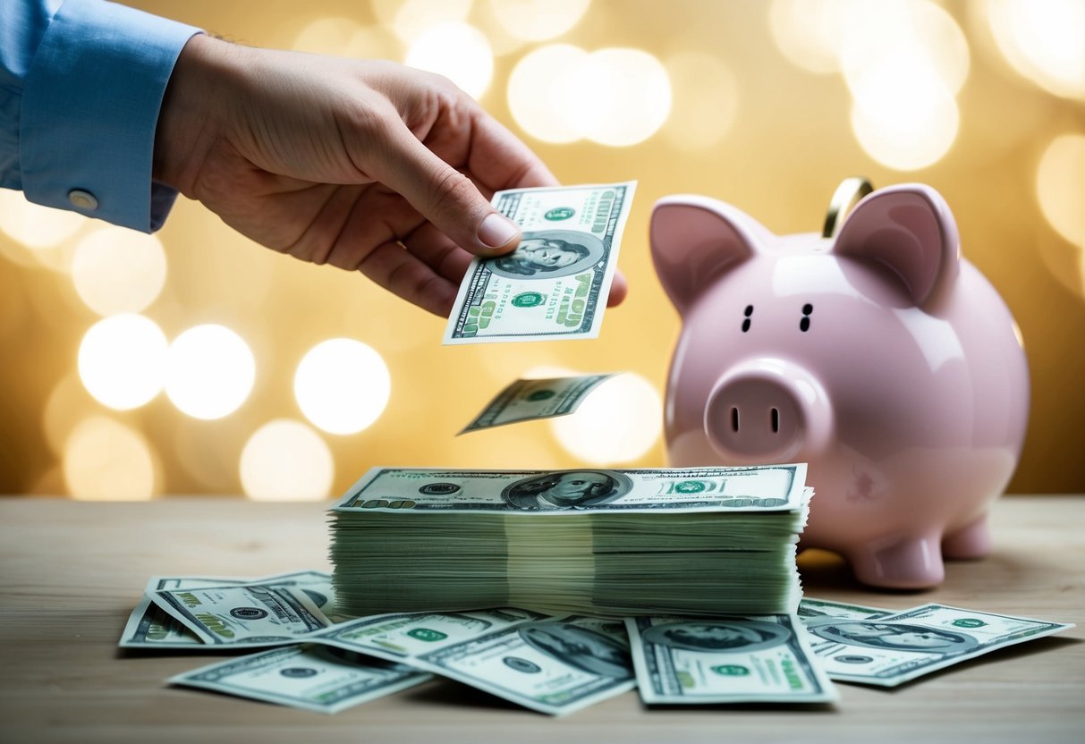 A stack of dollar bills grows larger as a hand drops more bills onto it, with a piggy bank in the background