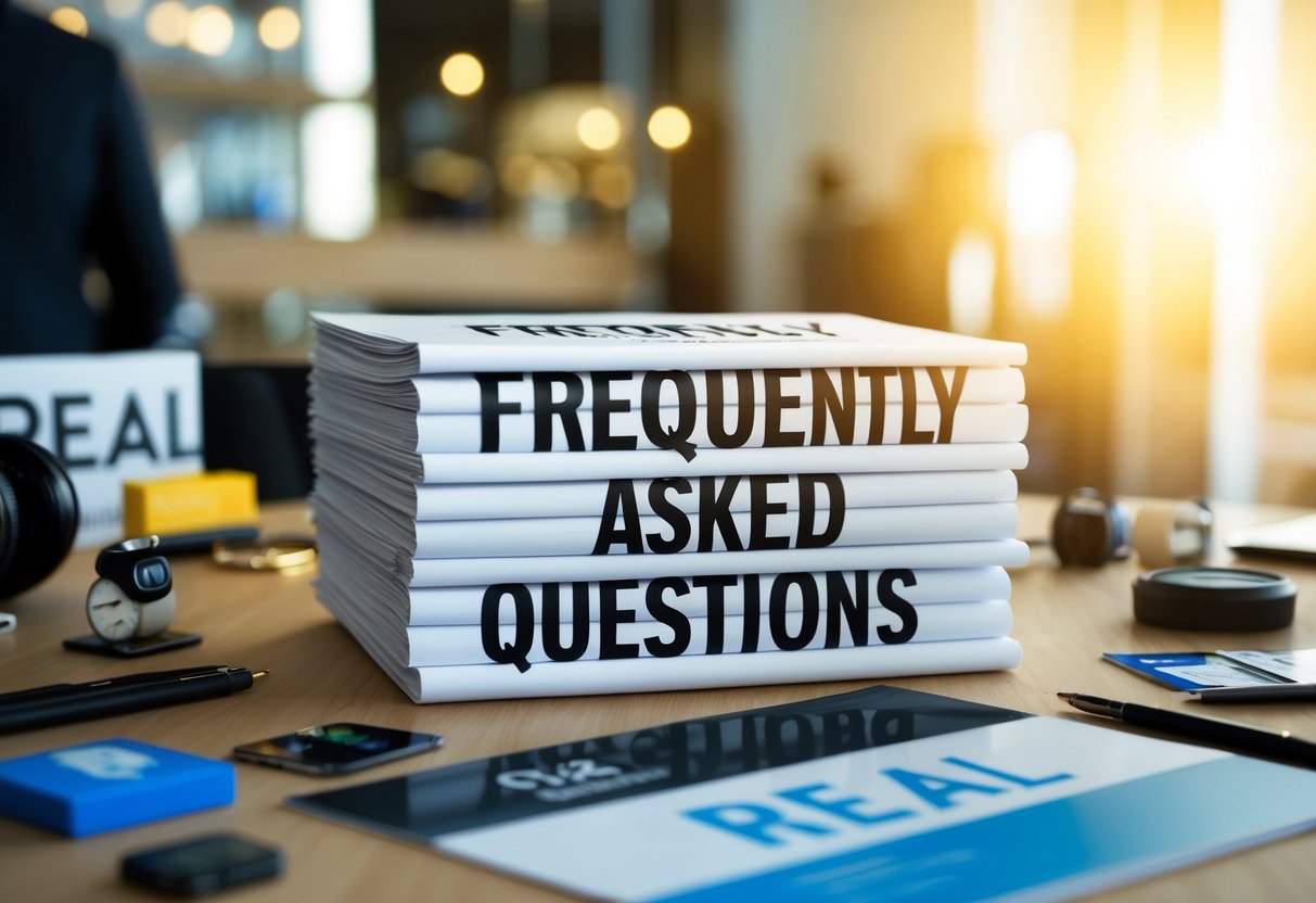 A stack of promotional materials with the words "Frequently Asked Questions" on a table, surrounded by various items and objects related to the real real brand