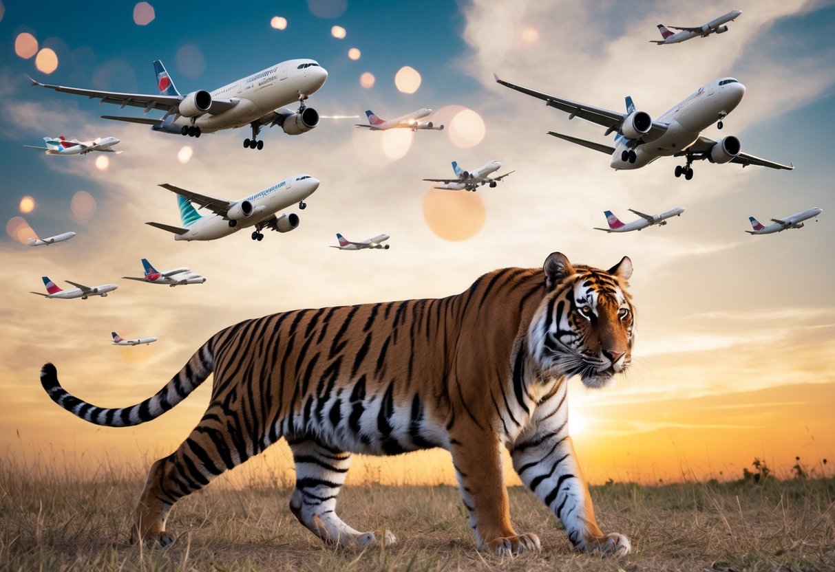 A tiger prowling through a sky filled with airplane promotions