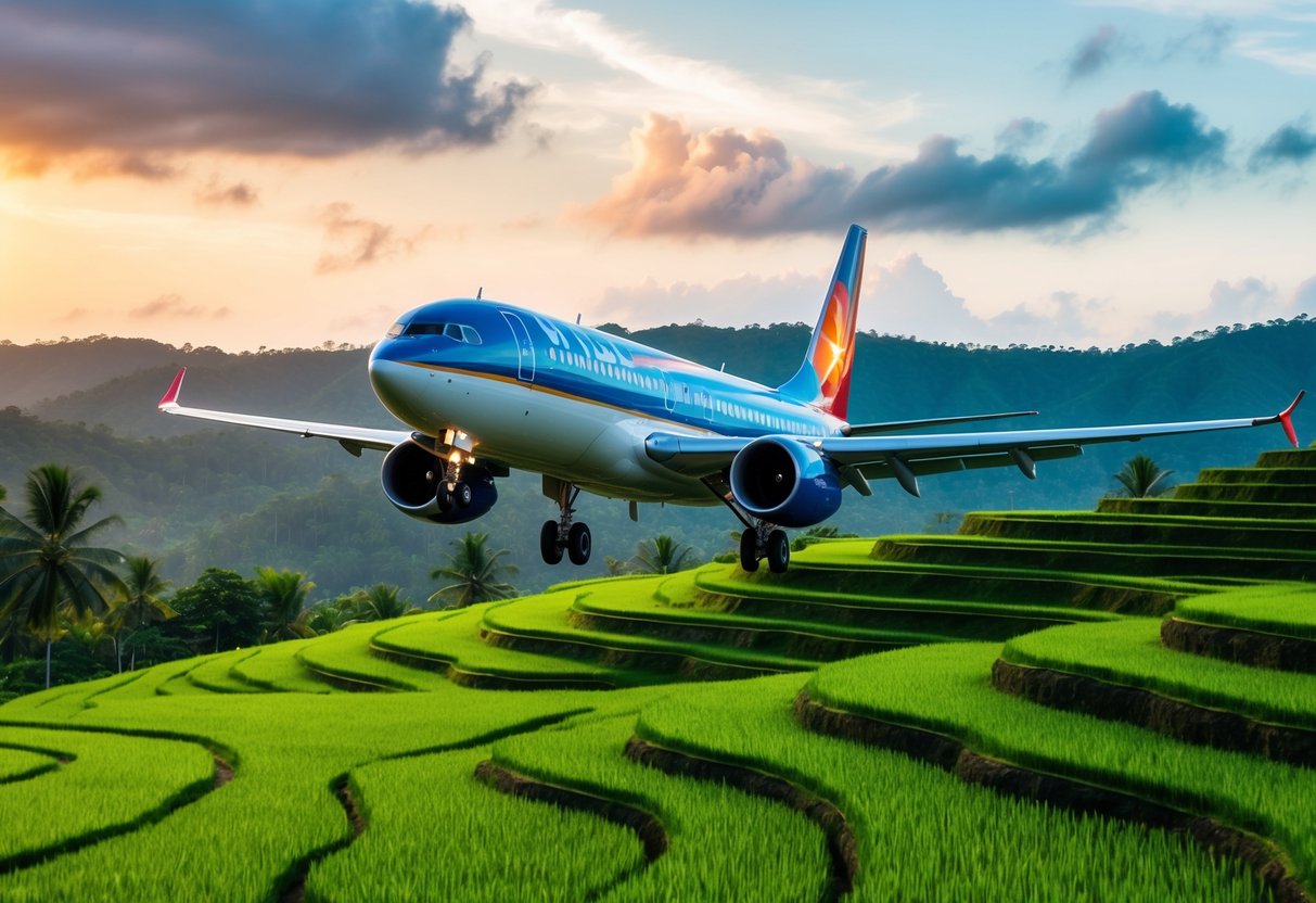 A vibrant airplane soaring over lush green rice terraces in Bali