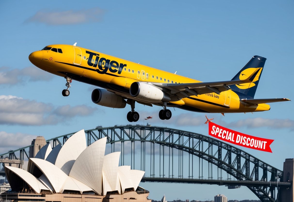 A tiger airplane soaring over the Sydney Opera House and Harbour Bridge, with a "special discount" banner trailing behind