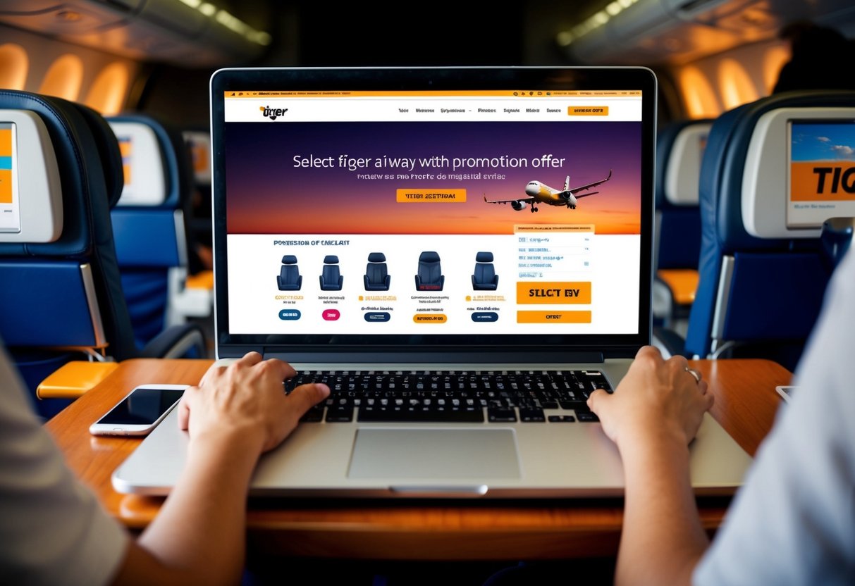 Passengers selecting seats on tiger airways website with promotional offer displayed