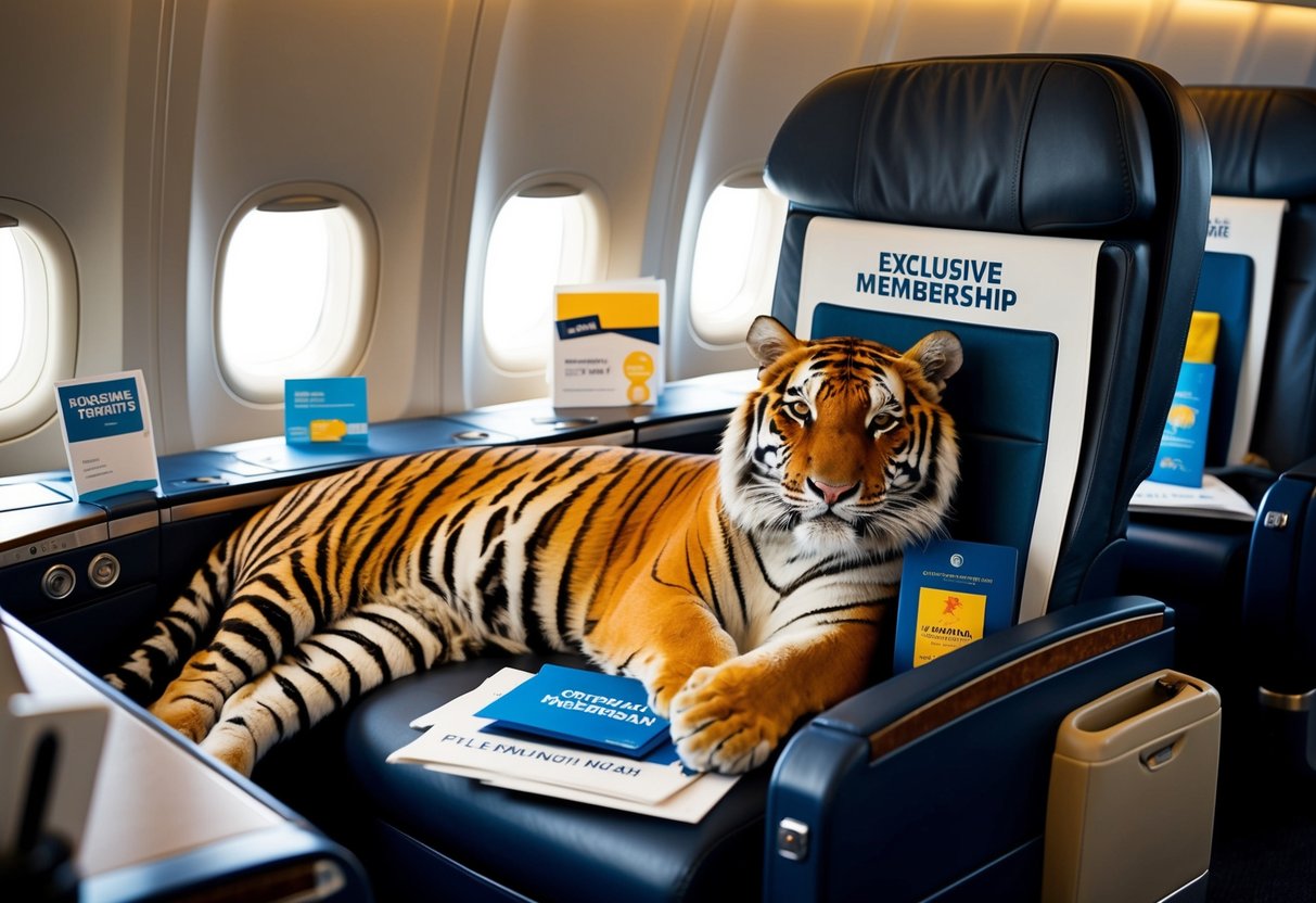 A tiger lounging in a luxurious airplane seat, surrounded by promotional items and exclusive membership perks