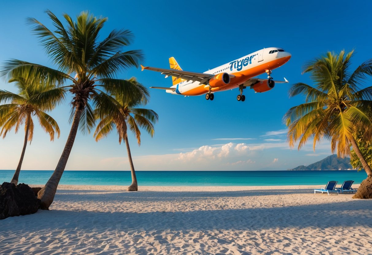 A vibrant beach with palm trees, a clear blue sky, and a tiger airways plane flying overhead, promoting discounted holiday packages to Thailand
