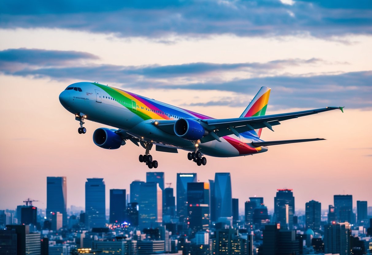 A colorful airplane flying over the Tokyo skyline with a promotional banner in the sky