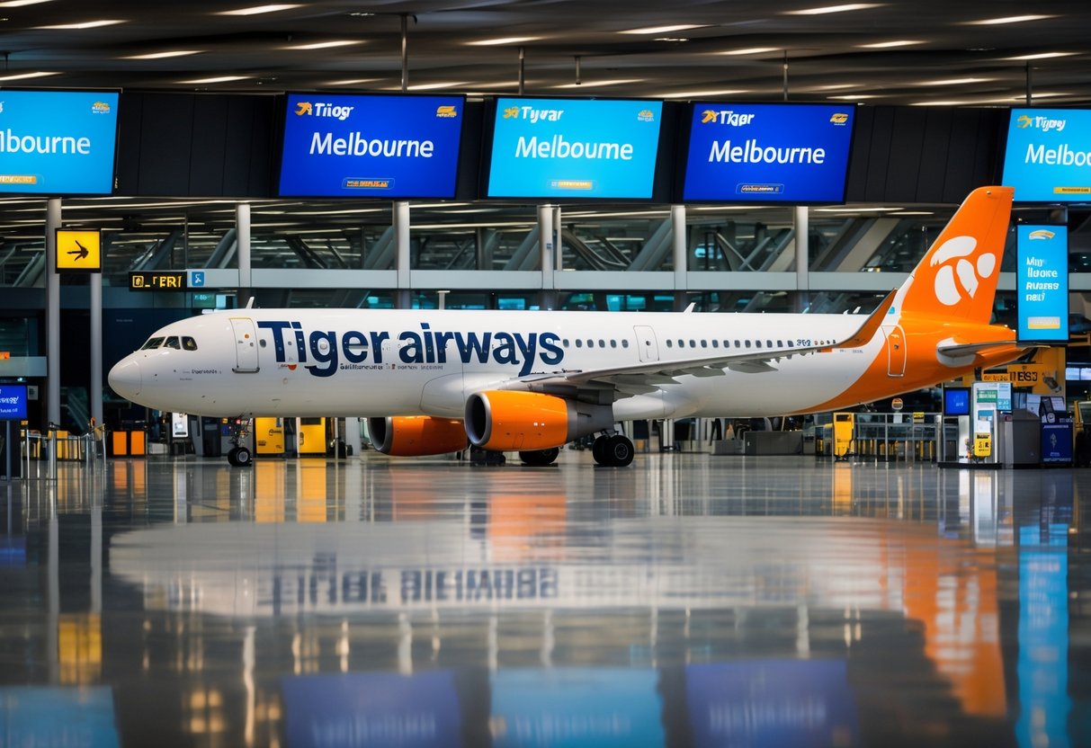 A bustling airport terminal with a Tiger Airways plane parked at the gate, surrounded by last-minute deal advertisements for Melbourne routes