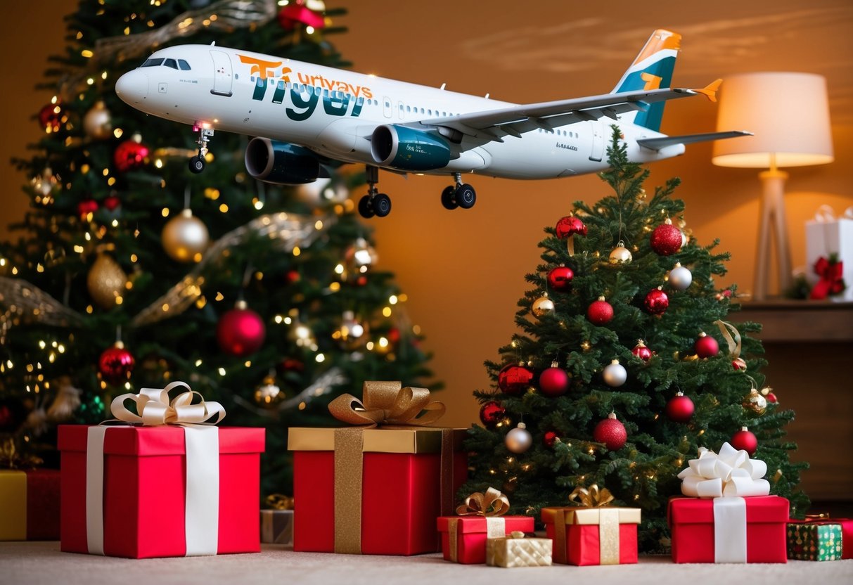 A festive Christmas tree with a tiger airways plane flying overhead, surrounded by gift boxes and holiday decorations