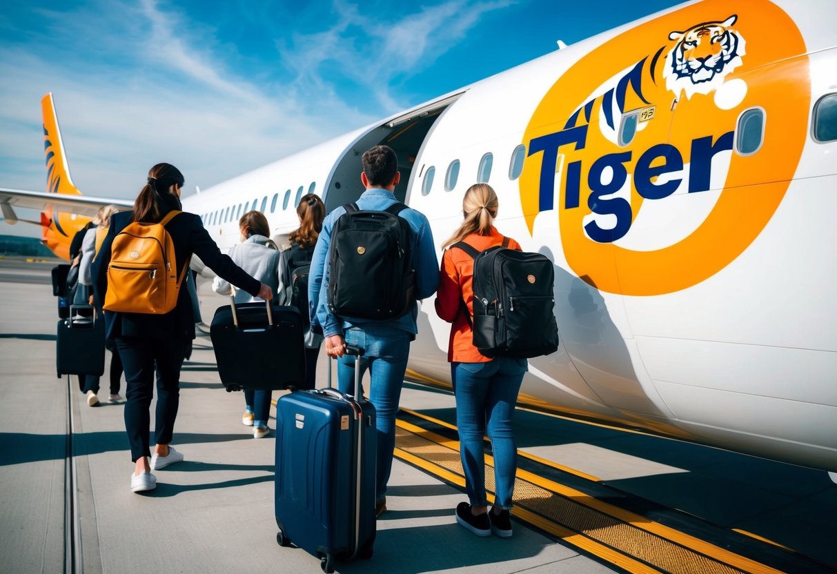 People boarding plane with tiger airways logo, luggage in hand, excited for group travel discounts