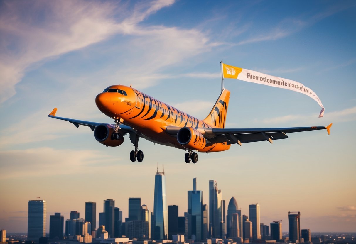 A tiger airplane flying over a city skyline with a promotional banner trailing behind it