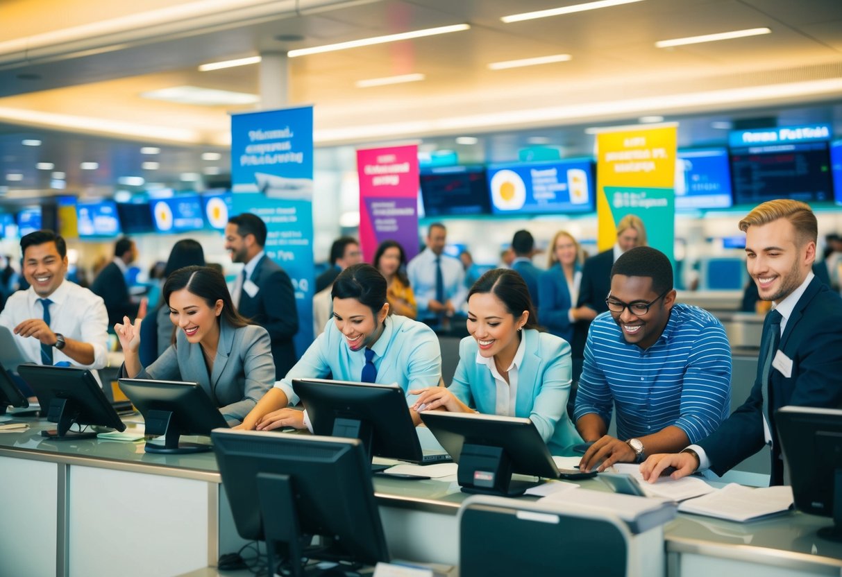 Passengers eagerly booking flights at a bustling airport ticket counter, surrounded by colorful promotional banners and excited staff